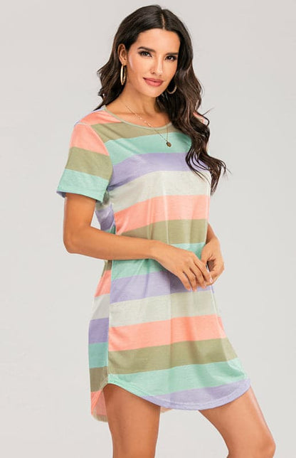 Women's Short Sleeve Rainbow Striped Loose T-Shirt Pyjama Sets.