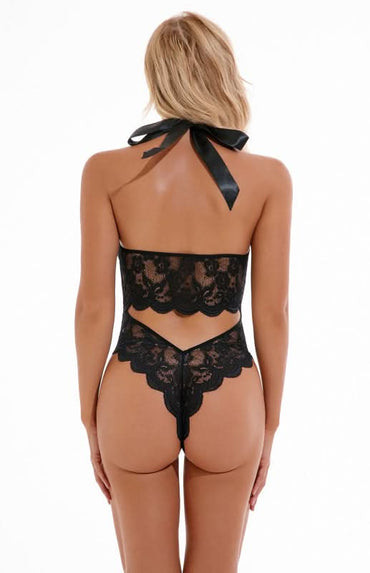 Women's Lace Halter Deep V Teddy Lingerie