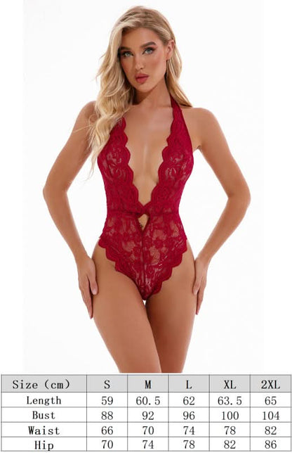 Women's Lace Halter Deep V Teddy Lingerie