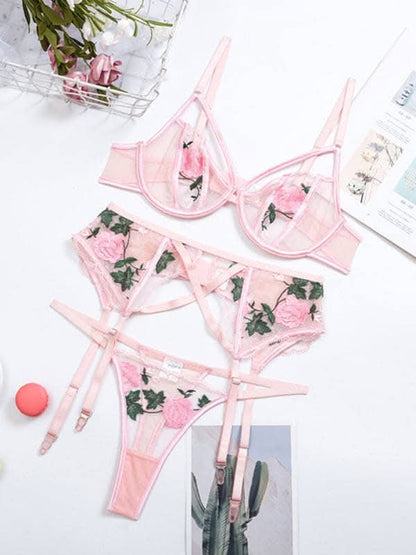 Women's Classic Embroidered Lace Mesh Sexy Lingerie Three-piece Set.