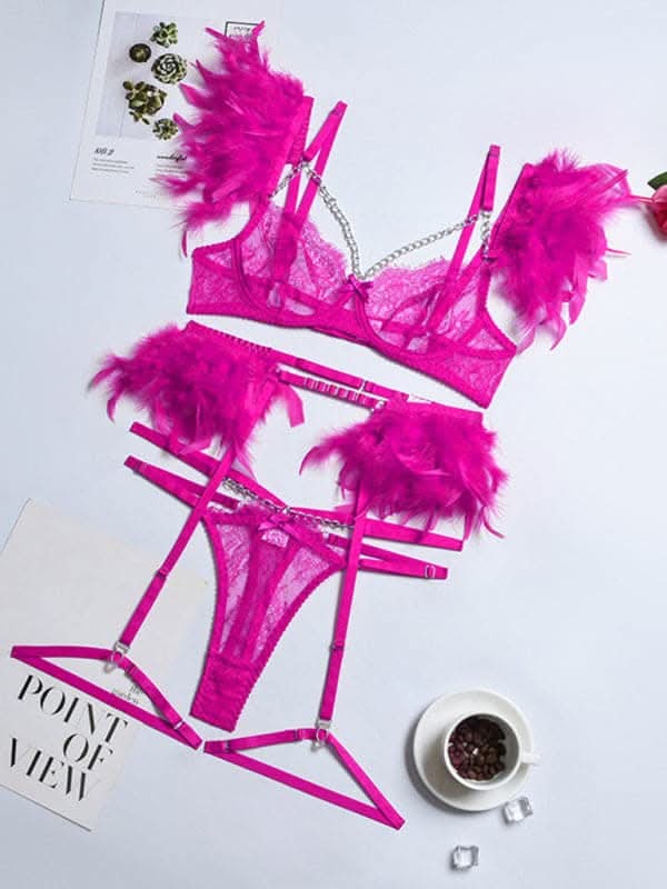 Sexy Lingerie-Lace Feather Sexy Lingerie Four-piece Set.