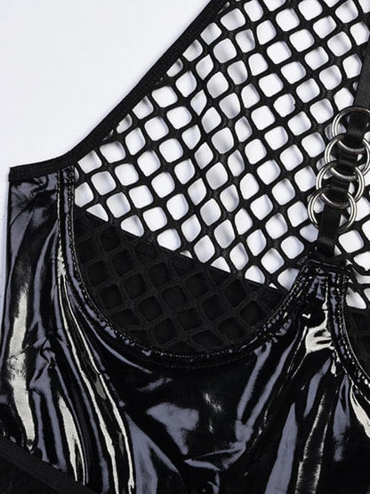 Daring grid splicing leather bodysuit