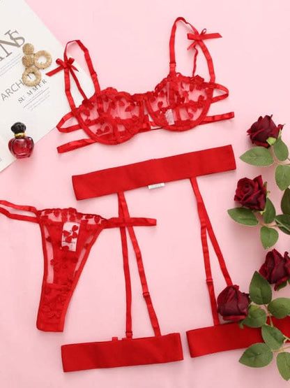 Lace and mesh three-piece set