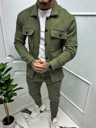 Stylish men's slim fit long-sleeved jacket and trousers set