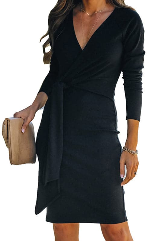 Chic V-Neck Ribbed Dress for Ladies with Waist-Tie Detail