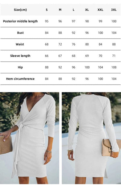 Chic V-Neck Ribbed Dress for Ladies with Waist-Tie Detail