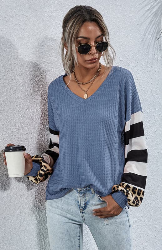 Women's Striped Stitching Long-Sleeved T-Shirt.