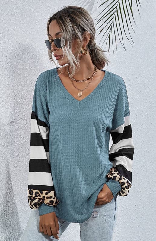 Women's Striped Stitching Long-Sleeved T-Shirt.