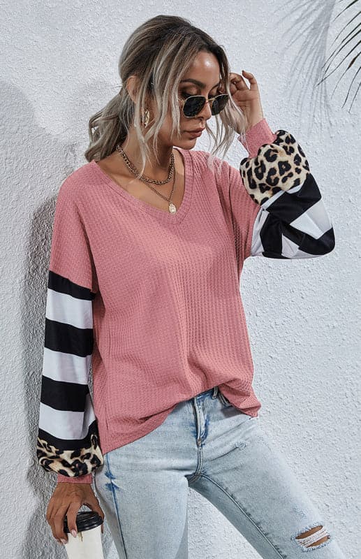 Women's Striped Stitching Long-Sleeved T-Shirt.