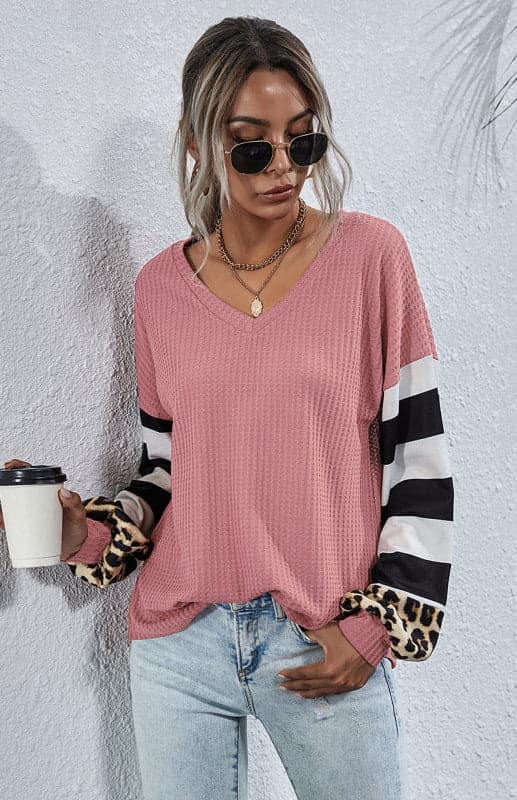 Women's Striped Stitching Long-Sleeved T-Shirt.