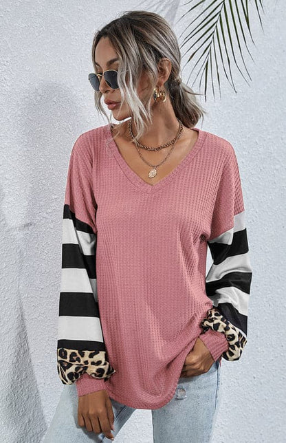 Women's Striped Stitching Long-Sleeved T-Shirt.