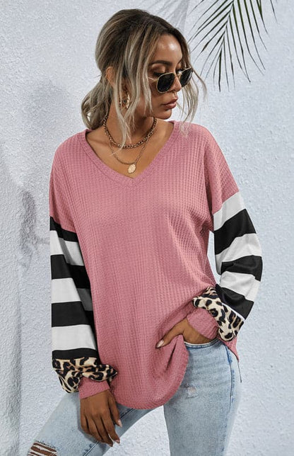 Women's Striped Stitching Long-Sleeved T-Shirt.