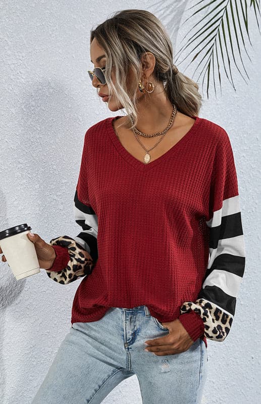 Women's Striped Stitching Long-Sleeved T-Shirt.