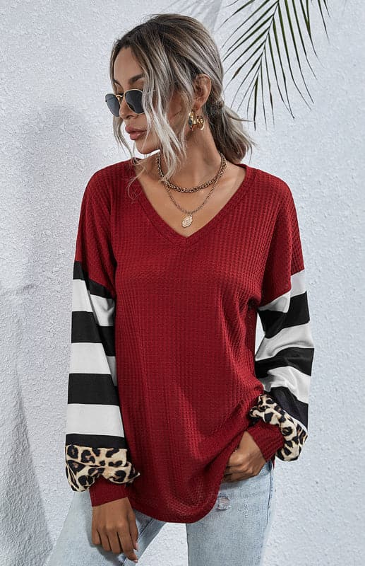 Women's Striped Stitching Long-Sleeved T-Shirt.