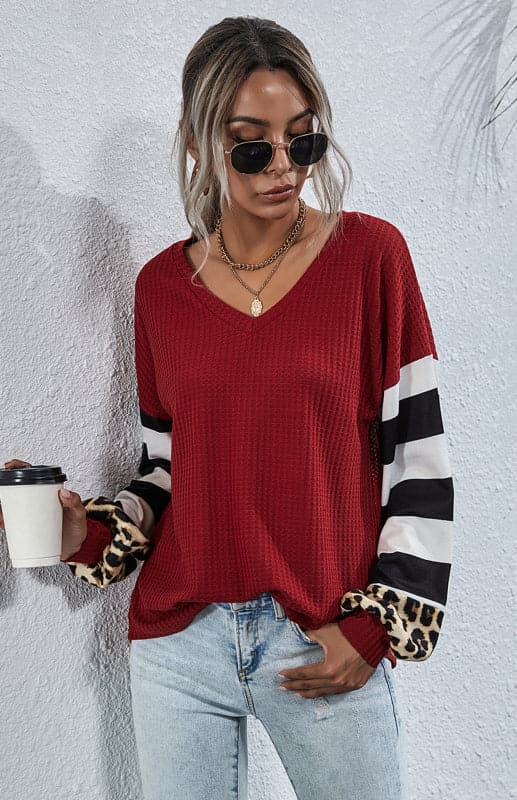 Women's Striped Stitching Long-Sleeved T-Shirt.