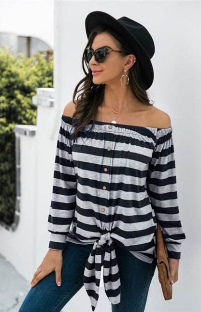 Striped Blouse With One-Shoulder Button Decoration And Tie Knot.