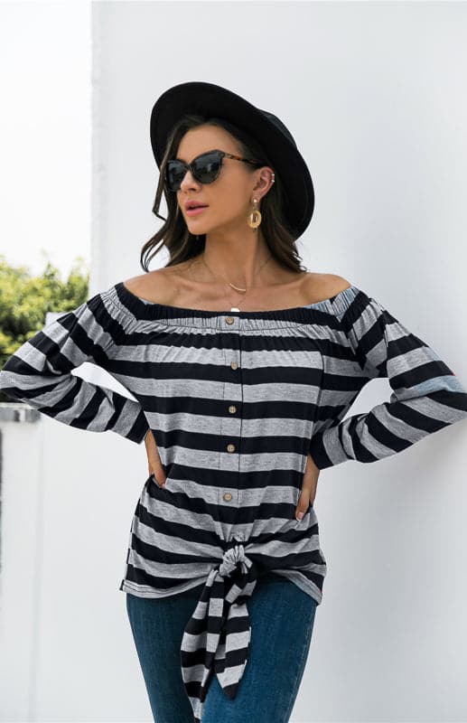 Striped Blouse With One-Shoulder Button Decoration And Tie Knot.