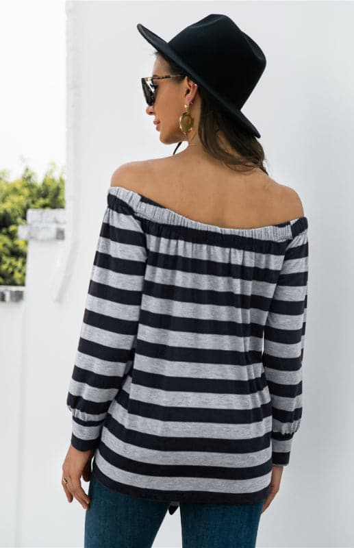 Striped Blouse With One-Shoulder Button Decoration And Tie Knot.