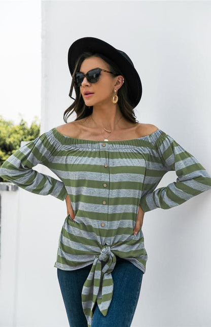 Striped Blouse With One-Shoulder Button Decoration And Tie Knot.