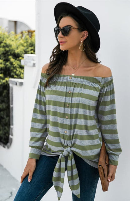 Striped Blouse With One-Shoulder Button Decoration And Tie Knot.