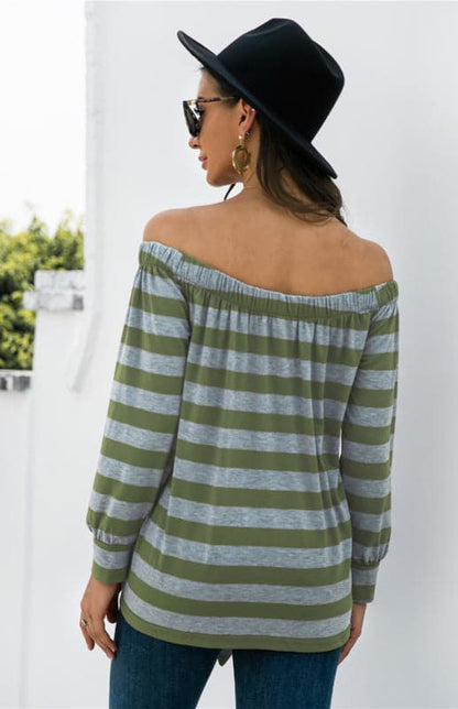 Striped Blouse With One-Shoulder Button Decoration And Tie Knot.