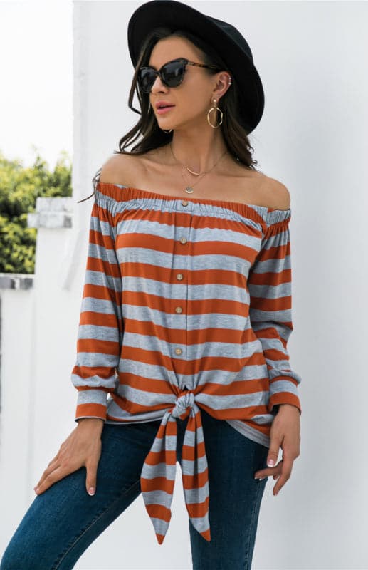 Striped Blouse With One-Shoulder Button Decoration And Tie Knot.