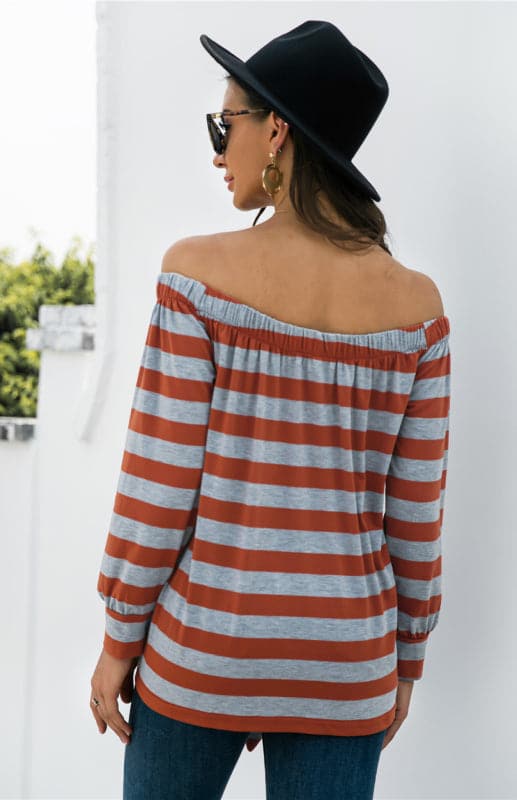 Striped Blouse With One-Shoulder Button Decoration And Tie Knot.