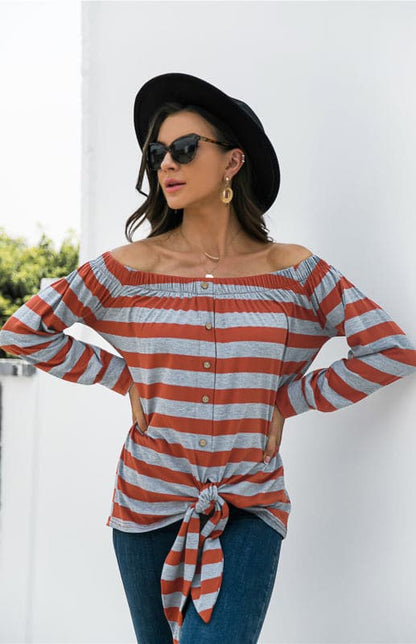 Striped Blouse With One-Shoulder Button Decoration And Tie Knot.