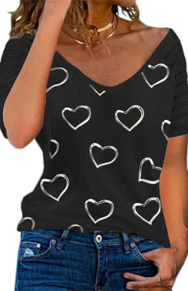 Heart Print Round Neck Short Sleeve Top.