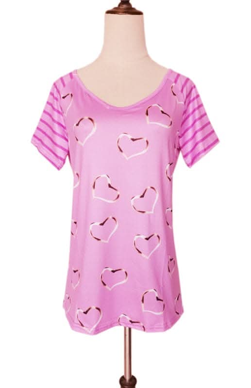Heart Print Round Neck Short Sleeve Top.