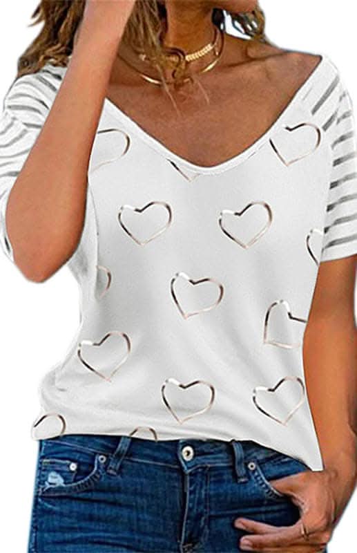 Heart Print Round Neck Short Sleeve Top.