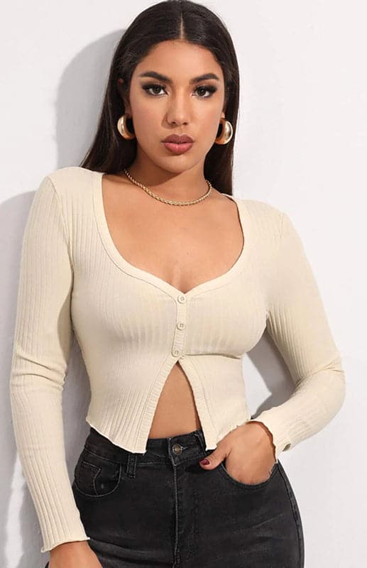 Women'S Sexy Button Crop Long Sleeve Top.