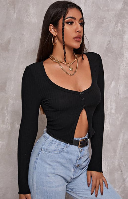 Women'S Sexy Button Crop Long Sleeve Top.