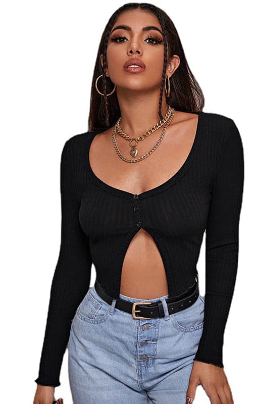 Women'S Sexy Button Crop Long Sleeve Top.