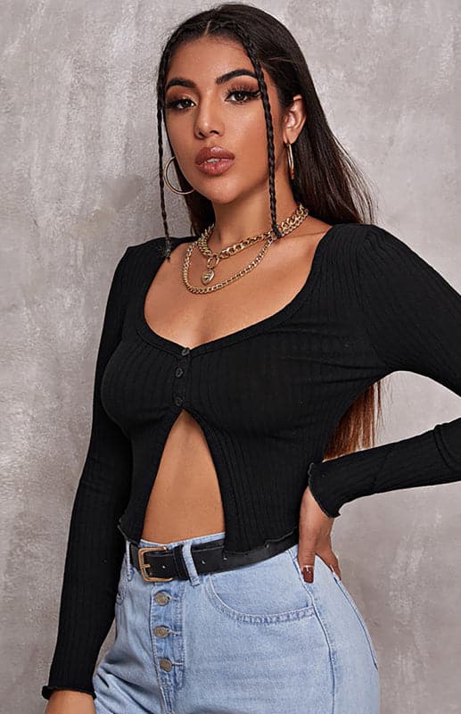 Women'S Sexy Button Crop Long Sleeve Top.