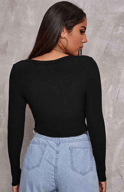 Women'S Sexy Button Crop Long Sleeve Top.