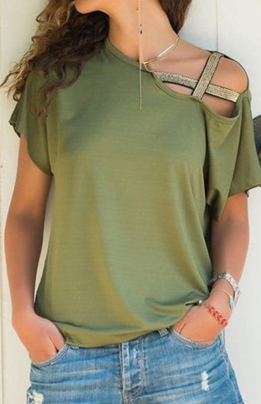 Casual Oblique Shoulder Crossed Irregular Short Sleeve T-Shirt.