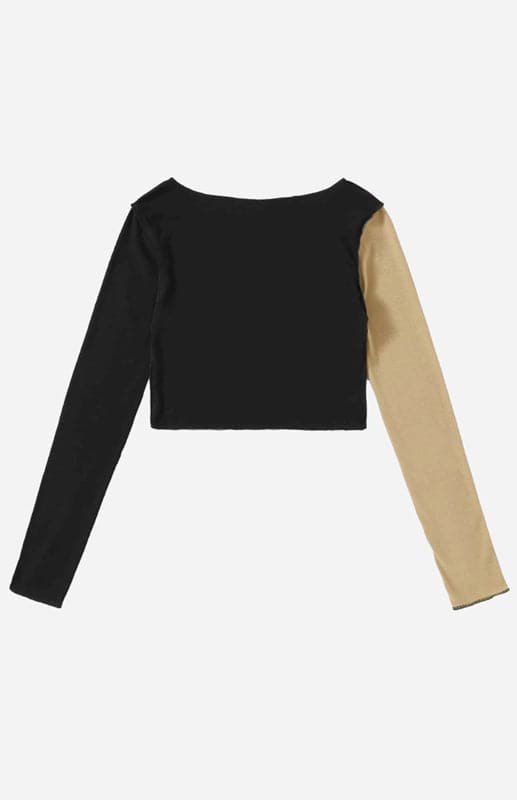 Short Stitched Casual Crew Neck Long Sleeve Top.