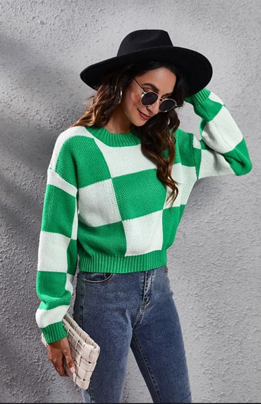 Checkerboard Long Sleeve Short Loose Knit Sweater.