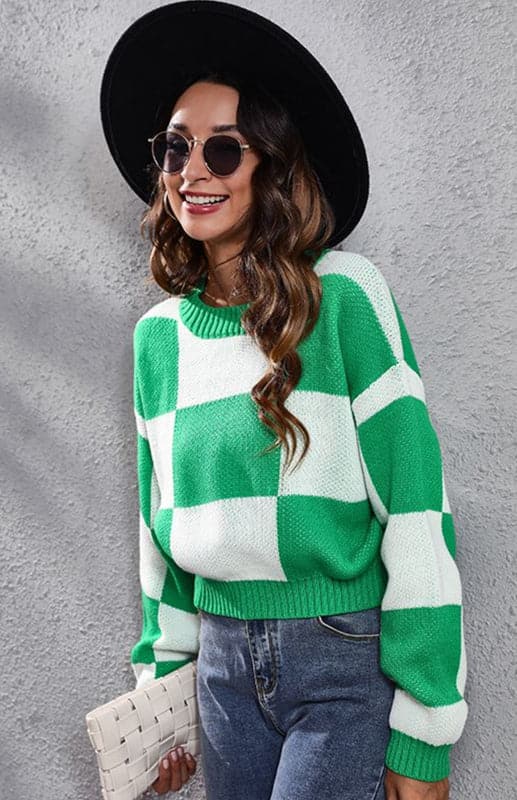 Checkerboard Long Sleeve Short Loose Knit Sweater.