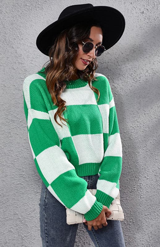 Checkerboard Long Sleeve Short Loose Knit Sweater.