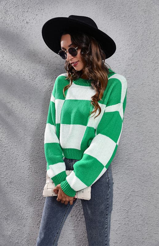 Checkerboard Long Sleeve Short Loose Knit Sweater.