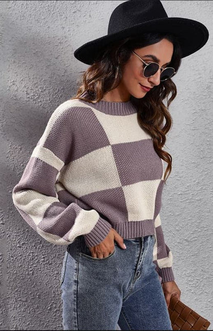 Checkerboard Long Sleeve Short Loose Knit Sweater.