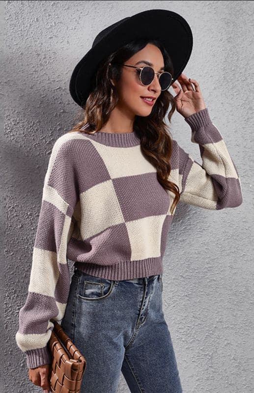 Checkerboard Long Sleeve Short Loose Knit Sweater.