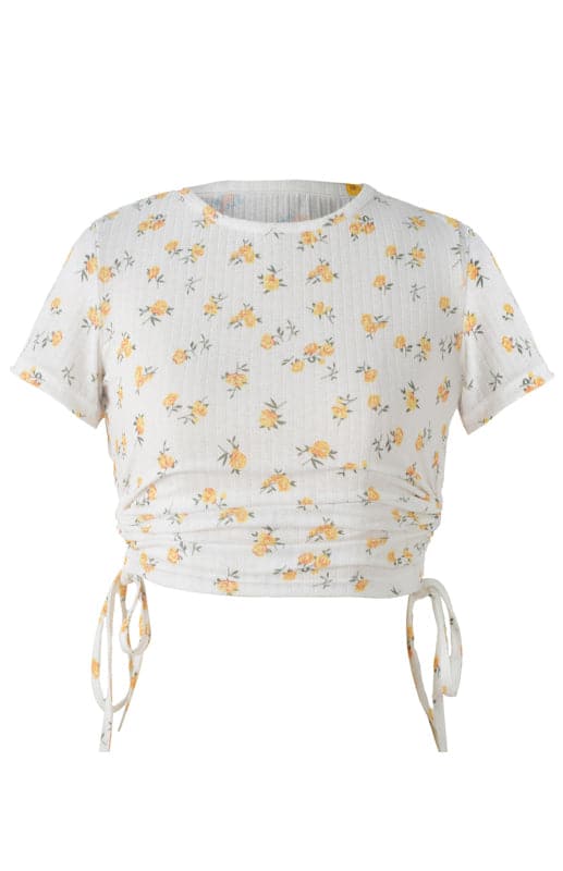 Printed Drawstring Plunging Round Neck Short-Sleeved T-Shirt.