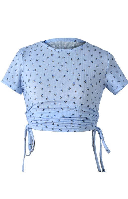 Printed Drawstring Plunging Round Neck Short-Sleeved T-Shirt.