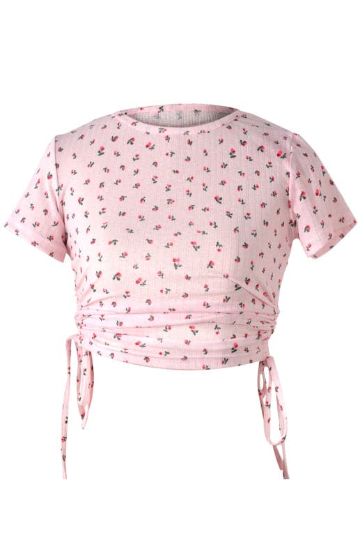 Printed Drawstring Plunging Round Neck Short-Sleeved T-Shirt.