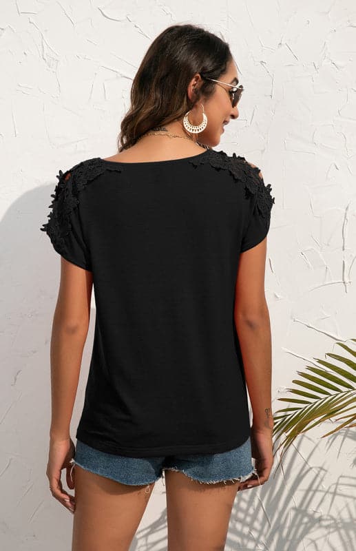 Women's Casual Lace Stitched V-Neck Pullover Short Sleeve Tops.