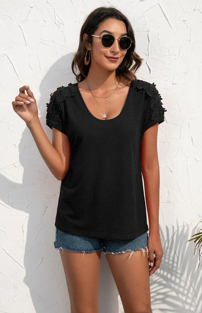 Women's Casual Lace Stitched V-Neck Pullover Short Sleeve Tops.