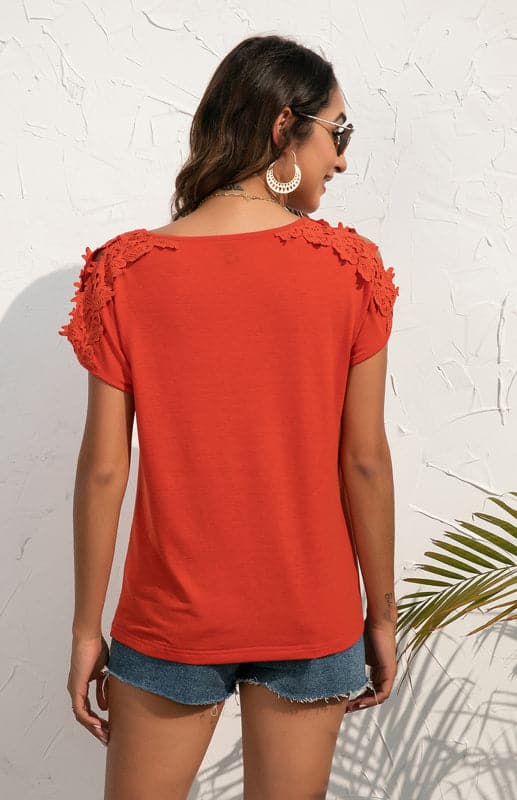 Women's Casual Lace Stitched V-Neck Pullover Short Sleeve Tops.